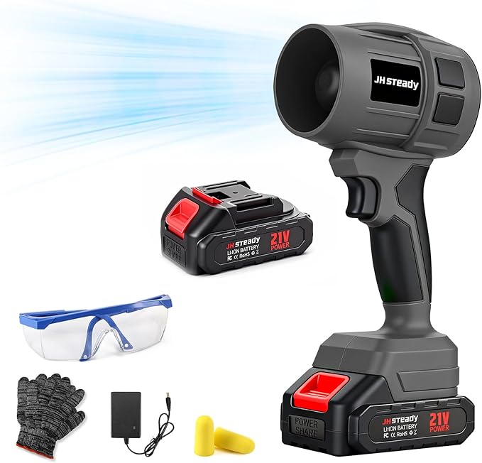 JH Steady 21V Cordless Handheld Leaf Blower - Variable Speed, 30000RPM Powerful Handheld Blower with Rechargeable Battery, Protective Gear for Home, Backyard, Driveway & Snow Removal