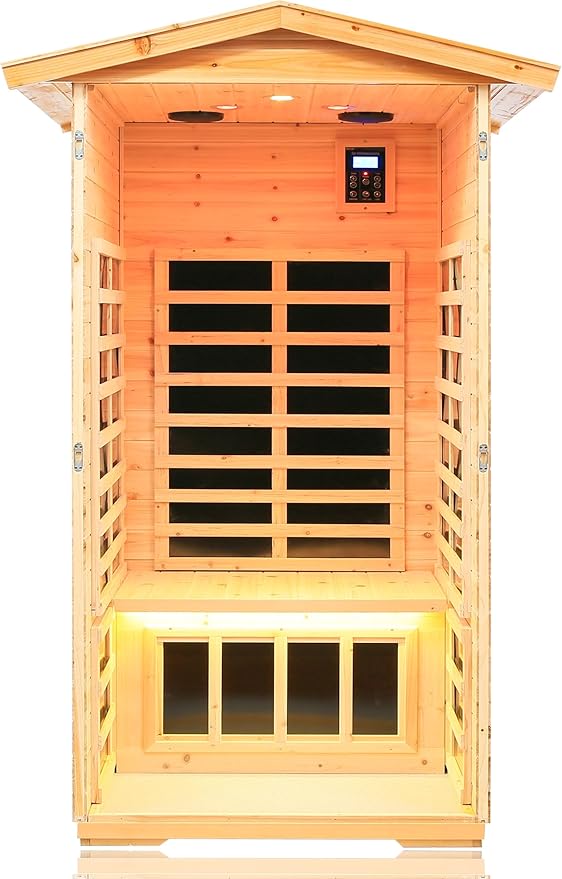 LTCCDSS 1-Person Low EMF Outdoor Far Infrared Sauna - Wisconsin Basswood Saunas for Home - Bluetooth Speakers, LED Reading Lamps, Chromotherapy Lights (45.7 * 39.4 * 79.5 inch)