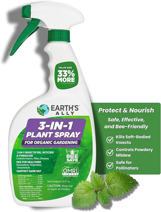 Earth's Ally 3-in-1 Plant Spray for Pests and Disease - Organic Insecticide, Fungicide and Spider Mite Control - OMRI Listed Indoor Outdoor Garden Spray - Safe for Pollinators, Kids and Pets - 32 oz