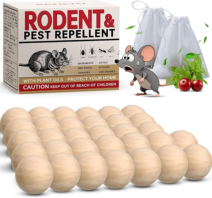 Mouse Repellent 33 Balls, Peppermint Rodent Repellent for Indoor & Outdoor Use, Long-Lasting Safe Mice Deterrent, Natural Effective Moth Balls for Rodent Control for Home, Car & Garden