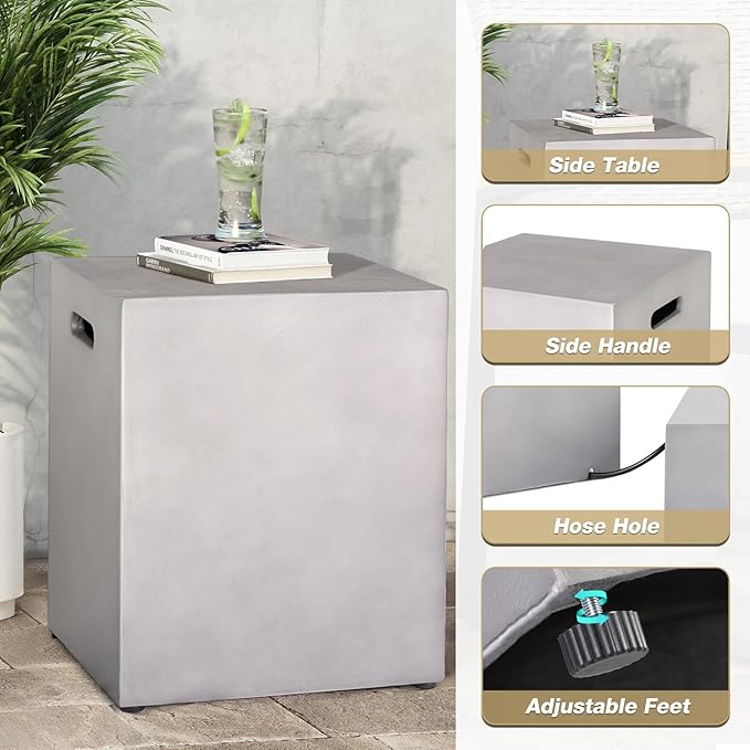 Outdoor Propane Tank Cover Table with Seat, Black Tank Storage Box with Handles for Propane Gas Fire Pit, 16 Inch Modern Hideaway Concrete Square Indoor or Outdoor Side Table for Outside Patio