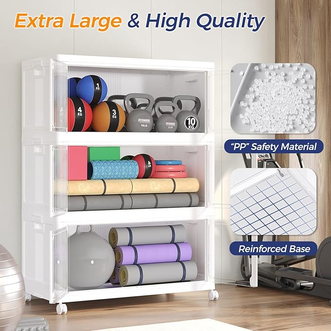 360Qt Stackable Storage Bins with Lid and Wheels, 90Gal Plastic Closet Organizer and Storage Drawer, Large Collapsible Storages Box Cabinet with Clear Door for Home Kitchen Office, 3Pack White