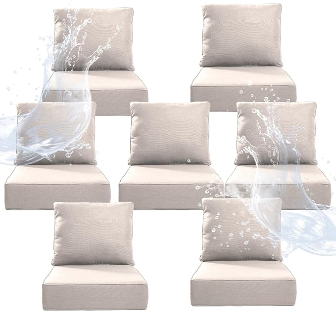 6" Thicker Outdoor Chair Cushion 7 Sets - 24" *24" *6" Waterproof Patio Furniture Cushions with Removable Cover, 28D High Density Sponge Filling Thicken Outdoor Patio Cushions - Beige