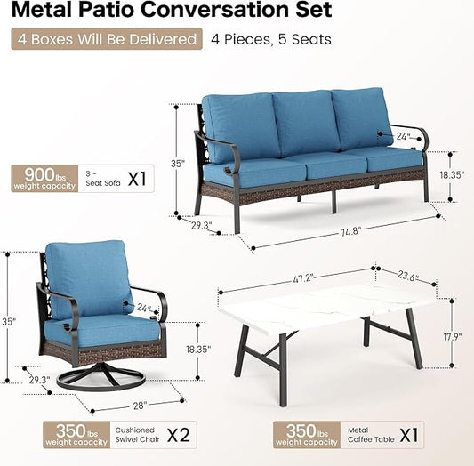 5 PCS Metal Outdoor Patio Furniture Set, Patio Conversation Sets 1 3-Seater Sofa, 2 Swivel Chairs with 5.75" Extra Thick Cushion & Coffee Table, Black Backyard Furniture, Denim Blue