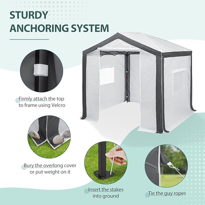 EAGLE PEAK 8x8 Portable Walk in Greenhouse with Polyester Reinforced Corners, Heavy Duty Instant Pop Up Indoor Outdoor Green House, Front Roll Up Zipper Entry Door and Mesh Windows, Gray/White
