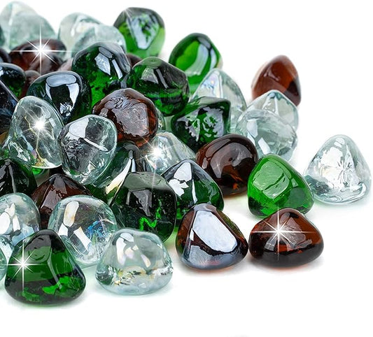 onlyfire 10-Pounds Fire Glass Diamonds for Propane Fire Pit, 1 Inch Blended Firepit Glass Rocks Stones for Gas Fireplace and Fire Pit Table, Emerald Green, Crystal Ice and Amber