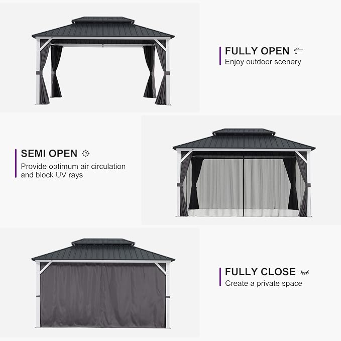 PURPLE LEAF 12' X 14' Hardtop Gazebo Metal Double Roof White Aluminum Frame Outdoor Heavy Duty Gazebo with Curtain and Netting for Patio Garden and Backyard, Grey