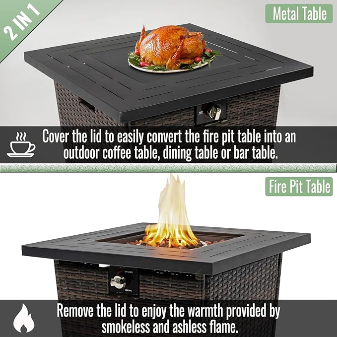 Propane Fire Pit Table, 28 Inch Wicker Firepits for Outside, Square Gas Fire Pit for Outside Patio, Propane Fire Table for Patio, Backyard, Pool, 50,000 BTU, Tank Inside, Black Brown