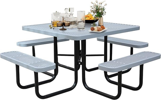 46Inch Square Picnic Table for 8 Person, Outdoor Heavy Duty Sturdy Picnic Tables with 4 Benches & Umbrella Hole, Commercial Metal Patio Picnic Table for Garden, BBQ, Coffee Store, Party, Porch (Grey)