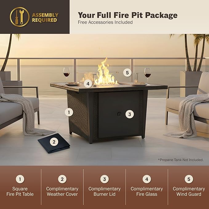 Kinger Home Ethan Rattan 42-Inch Propane Gas Fire Pit Table, Outdoor Patio Firepit, 50,000 BTU, CSA Certified, Includes Wind Guard & Fire Glass