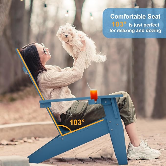 MXIMU Modern Adirondack Chairs Set of 4 Weather Resistant with Cup Holder Oversize Plastic Fire Pit Chairs Plastic Outdoor Chairs for Firepit Area Seating (Navy)