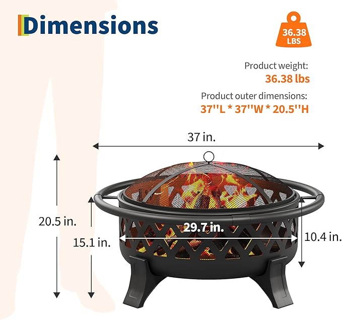 Outdoor Fire Pit with Spark Screen Cover, 37 Inch Wood Burning Fire Pit with Stoker Tool, Portable Firepits for Outside Camping, Patio, Backyard
