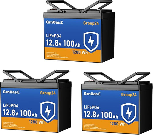 12V 100Ah LiFePO4 Lithium Battery, Group 24 Max Deep Cycle Battery with Low-Temp Cut Off Protection, Built-in 100A BMS, 1280Wh Rechargeable for Solar, Home Energy Storage, RVs, Marine Use (3 Pack)