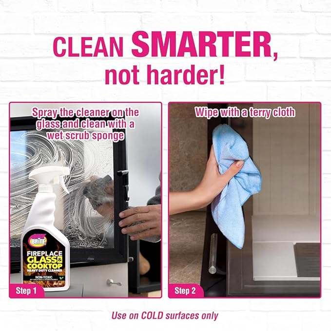 Quick 'n Brite Fireplace Glass Cleaner 24oz, Nonabrasive Cleaning Spray for Oven, Cooktops, Ceramic-Glass, Microwave Glass (Pack of 2)
