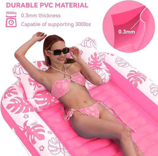 Inflatable Tanning Pool Lounger Float with Cervical Pillow - Pool Floats Adult for Sunbathing, Backyard, Pool Party - Inflate Ball Pit for Babies - Kids Swimming Pool Bed