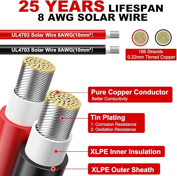 Oududianzi 8AWG Solar Panel Wire, 2x100Ft Solar Wire 8 Gauge Tinned Copper PV Wire Solar Extension Cable for Outdoor Automotive RV Solar Panel Boat Marine