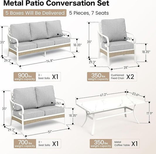 6 Piece Metal Outdoor Patio Furniture Set, Patio Conversation Set with 1 3-Seater Couch, 2 Fixed Sofa with 5.75" Thick Cushion and Coffee Table, White and Gray Backyard Furniture