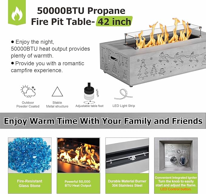 42" Propane Fire Pit Table with Christmas Cutout Decoration and LED Lights – 50,000 BTU with Wind Guard Glass, Lid, Rocks and Cover – Outdoor Fireplace (Grey/Christmas Golden, 42" LED)