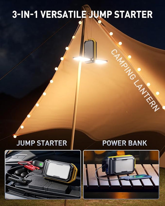 AUXITO Jump Starter: 6000A Car Portable-Battery Jumper Box with 4000LM LED Outdoor Camping Light and Power Bank Function, Up to 10.5L Gas and 10L Diesel Engines, USB Ports and Jumper Cable Included