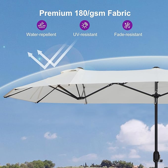 PURPLE LEAF 15ft Patio Market Umbrella with Base Double-Sided Rectangle Outdoor Table Sun Umbrellas with Crank 12 Heavy Duty Sturdy Ribs for Pool Beach Deck Backyard Cream