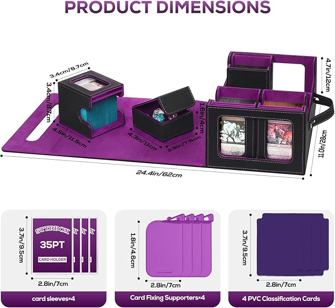 Trading Card Storage Box for MTG, MTG commander deck box，Multi-purpose Deck Case for MTG TCG Sports Card, 4 Toploaders, 4 Stoppers, 4 Colorful Dividers (Black & Purple)
