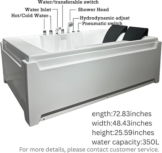 73x48-inch dual massage bathtub, featuring 8 jets, a 750-watt hydrotherapy pump, multi-color underwater LED lighting, 92-gallon capacity, suitable for two people. (white-1)