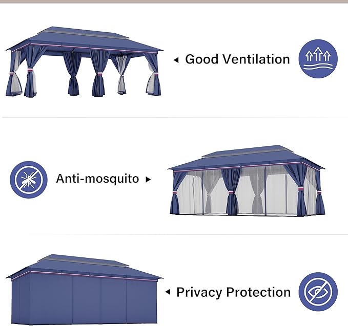 LAUSAINT HOME Gazebo 10x20ft, Heavy Duty Patio Gazebo with Expansion Bolts, Party Canopy Tent with Double Roofs, Mosquito Nettings and Privacy Screens for Backyard, Garden, Lawn, Classic Blue