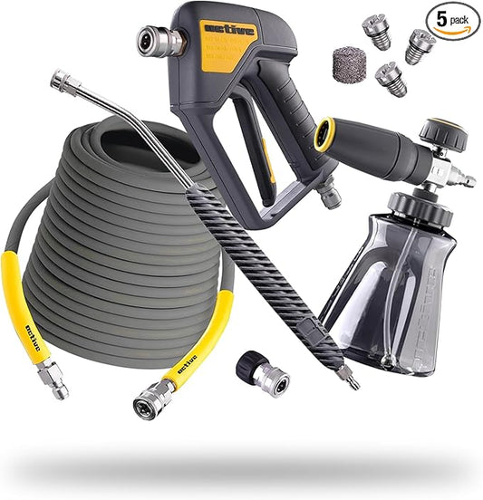 Active Pressure Washer Accessory Bundle, Adaptable for All Electric & Gas Pressure washers w/ M22-14mm Connections. Swivel Gun, Foam Cannon, Lance & 50’ Hose for DIY car wash & Professional Detailing