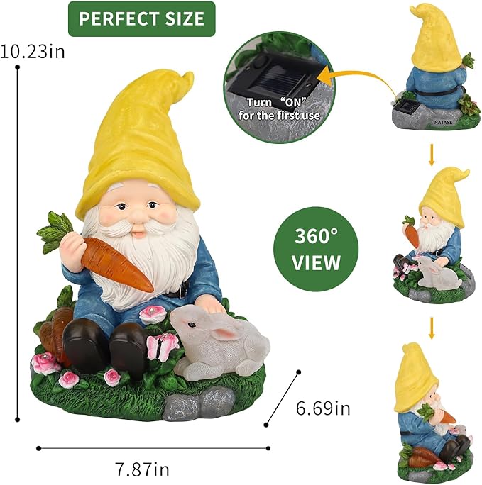 NATASE Solar Garden Outdoor Statues Gnome Feeding Rabbit with 6 LED Lawn Decor Outside Decorations for Patio, Balcony, Yard Ornament Unique Garden Gift