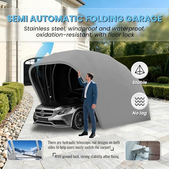 Heavy Duty Semi-Automatic Retractable Garage, Stainless Steel Outdoor Folding Carport with Sunshade Sheet Retractable, Foldable Retractable Car Awning, Mobile Car Tent Shelter for Parking Lot