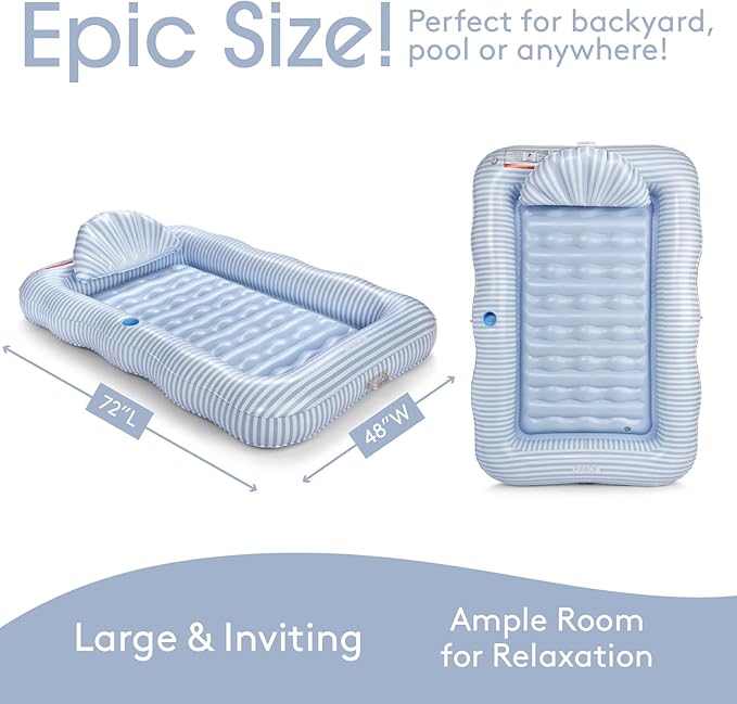 FUNBOY Tanning Pool Lounger Float, XL 72'' x 48'' Pool Float with Custom Pillow and Large Cup Holder, Perfect for Pool or Backyard.