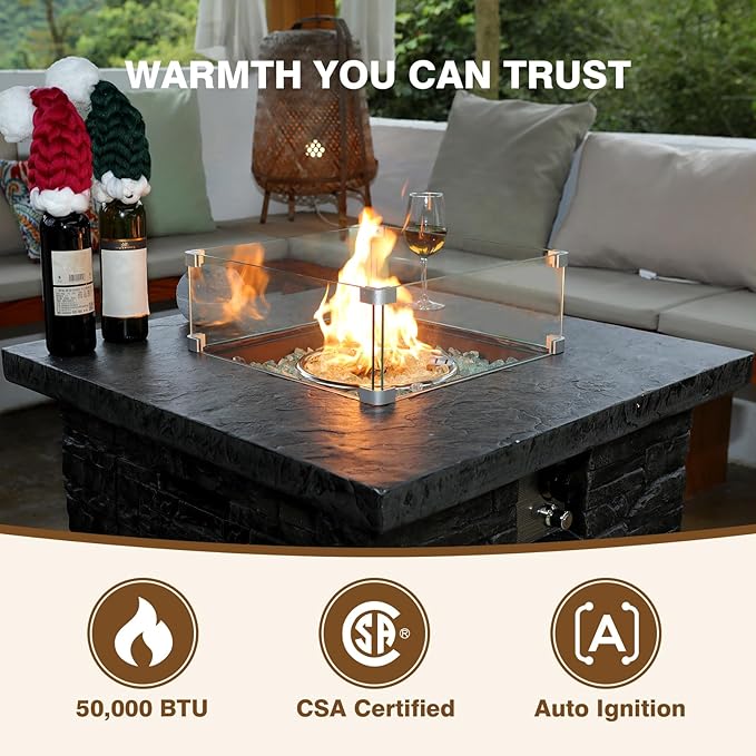 4-Piece Propane Fire Pit Table Set w Glass Wind Guard & Fire Glass Beads & Rain Cover, 35-Inch Square Outdoor Gas Fire Table 50,000 BTU for Patio, Black Terrazzo with Slate-Stone Look