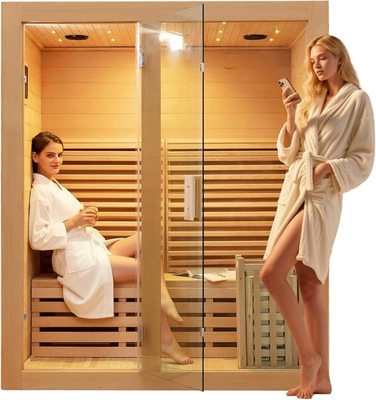 ZONEMEL Wooden Steam Sauna Room, 2-3 Person Canadian Hemlock Luxurious Indoor Sauna with 4.5 KW Harvia Stove Heater, WiFi Control, Sauna Stone, Wooden Bucket, Scoop, Reading Light, Hourglass, 220V