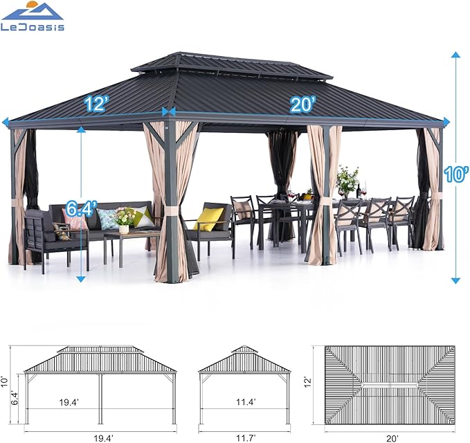 LeDoasis Blazar 12' X 20' Hardtop Gazebo, Outdoor Aluminum Canopy with Permanent Galvanized Steel Double Roof with Netting & Curtain for Patio Lawn and Garden