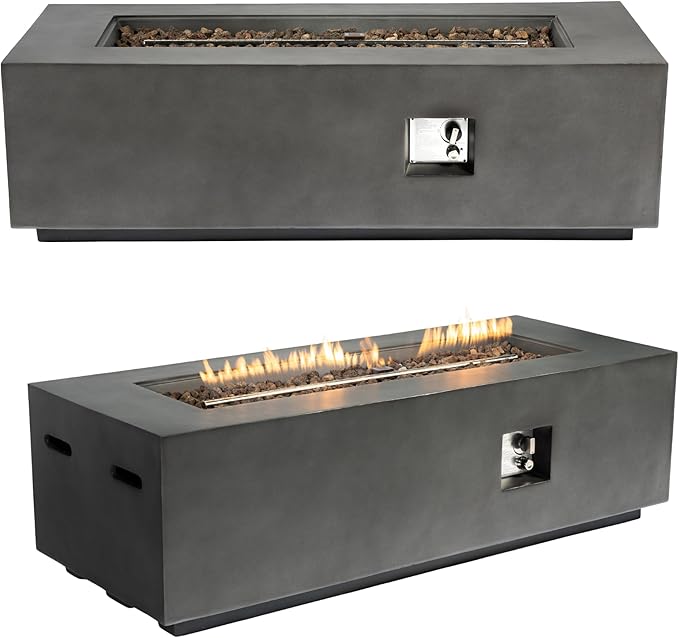 60-Inch Rectangular Propane Fire Pit Table, 60,000 BTU Concrete Outdoor Gas Fire Pit Table with Waterproof Cover, Tank Seat, Free Lava Rocks, for Outside Patio Backyard, Dark Grey