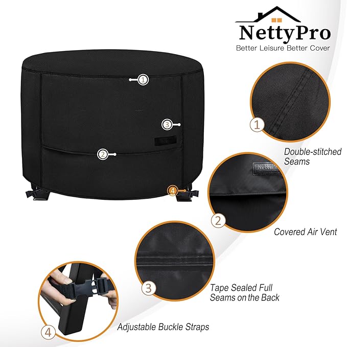 NettyPro Fire Pit Cover Round Waterproof Outdoor Firepit Cover for Gas Propane Fire Pit Table, 40 x 20 inch, Black