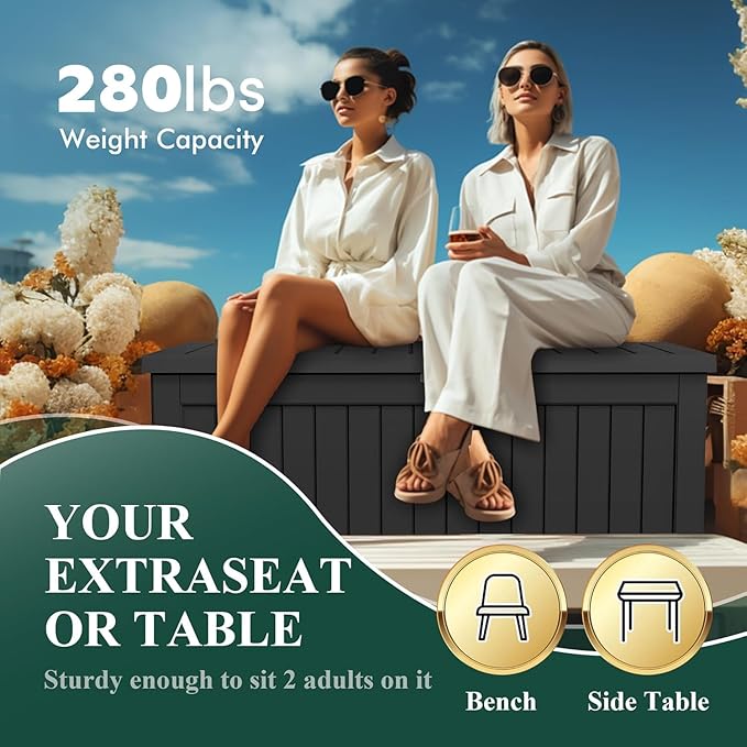 Vixzen 280 Gallon Resin Deck Box, Lockable Outdoor Storage Box for Patio Cushions Storage Furniture,Garden Tools, Pool Supplies, Weatherproof and UV Resistant- Black