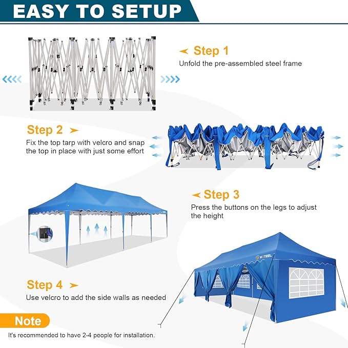 HOTEEL Pop Up Canopy 10x30 Large Party Tent with 8 Sidewalls, Portable Outdoor Canopy with Roller Bag,Sandbags,UV Resistant Waterproof, Easy Up Tents for Parties, Backyard, Wedding, Event, Blue