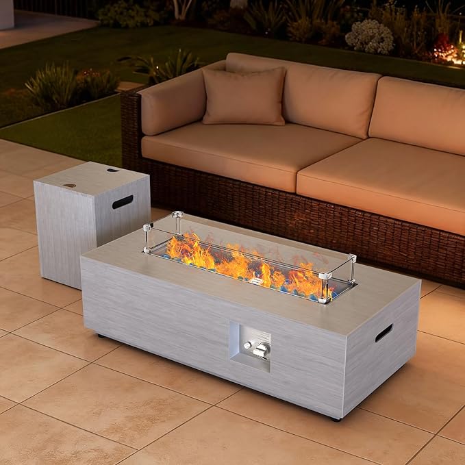 Outdoor Fire Pit Table Propane Gas Fire pits &Outdoor Fireplaces 42″ Rectangular Firepit Table, 50,000 BTU Fire Table for Patio Set (Light Gray)