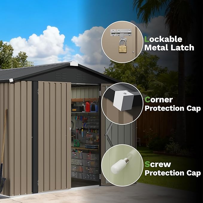 Patiowell 8x8 FT, Outdoor Storage Shed, Heavy Duty Tool Storage Sheds with Lockable Doors and Updated Frame Structure for Backyard Patio Lawn, Brown