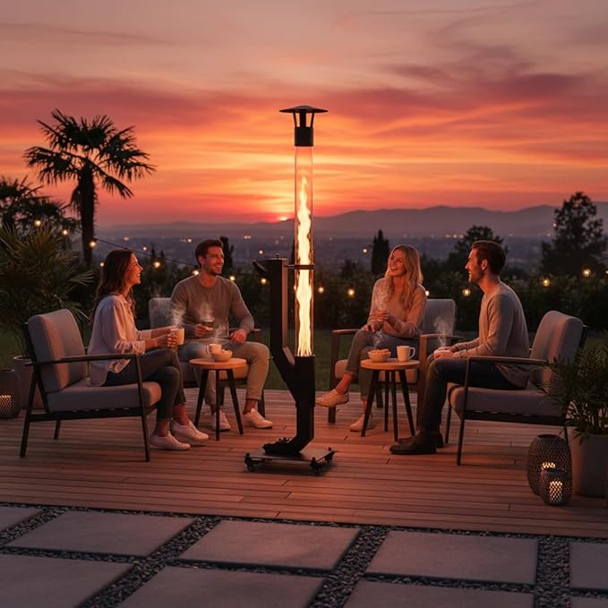 Portable Wood Pellet Heater with Wheels, Pellet Fire Pit with Rain Cap for Patio, Backyard, Evenings, Matte Black