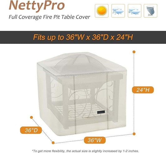NettyPro Fire Pit Cover Square Waterproof Outdoor Firepit Cover for Gas Propane Fire Pit Table, 36 x 36 x 24 inch, Beige