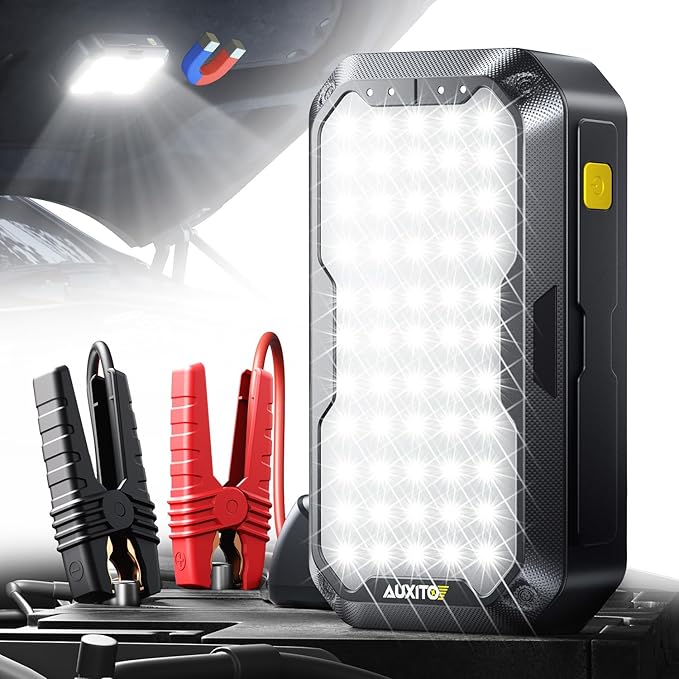 AUXITO Jump Starter, 5000A Car Battery Jump Starter, Up to 8.5L Gas and 8.0L Diesel Engines with 2000LM LED Work Panel Light, 12V Safe Jump Box with Camping Light, Power Bank and Jumper Cable