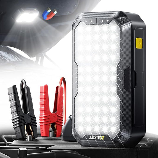 AUXITO Jump Starter, 5000A Car Battery Jump Starter, Up to 8.5L Gas and 8.0L Diesel Engines with 2000LM LED Work Panel Light, 12V Safe Jump Box with Camping Light, Power Bank and Jumper Cable