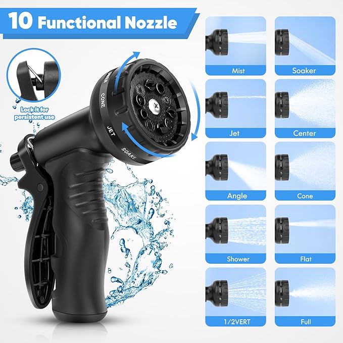 Garden Hose 100 FT, Metal Stainless Steel Water Hose with 10 Function Nozzles, No Kinks, Flexible Hose, Lightweight, Puncture Proof, Heavy Duty Hose for Yard and Outdoor