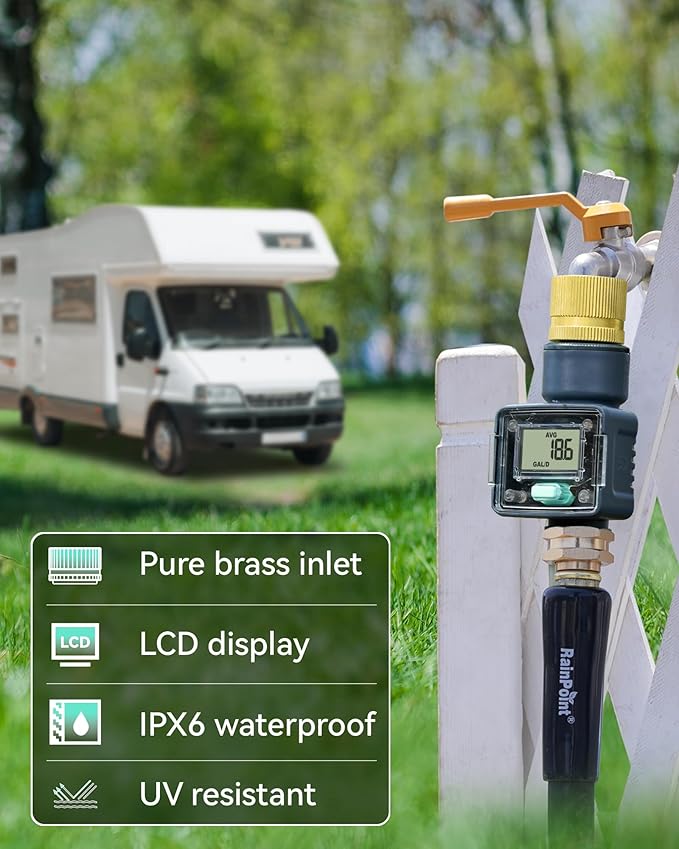 RAINPOINT Water Flow Meter with Brass Inlet, ±5% Accuracy, Max Measured Consumption of 9999.9 Gallon/Liter, Water Meter for RV Tank Filling, Garden Hose Watering, Lawn Sprinkler & Nozzle Sprayer