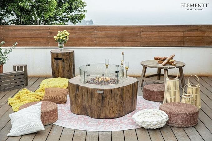 Elementi Manchester Gas Fire Pit Cast Concrete Fire Table, Outdoor Fire Pit Electronic Ignition | Canvas Cover, Lava Rock Included | Free AMS Wind Guard | Red Wood (Natural Gas)