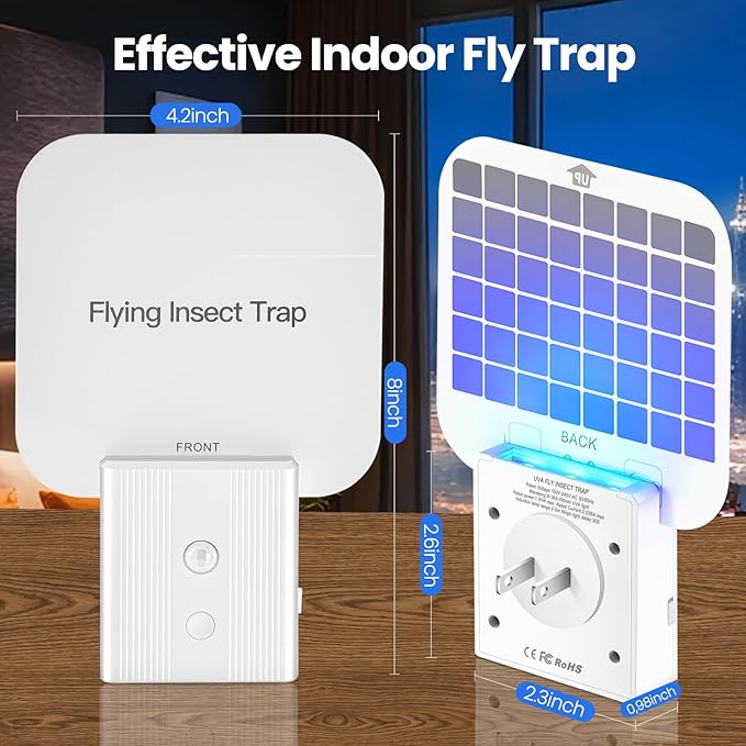 Fly Trap Indoor, 2 in 1 Plug in Fruit Fly Traps for Indoors with Auto Night Light Gnat Traps for House Indoor Flying Insect Trap for Fruit Flies Moths Mosquito (2 Device + 10 Glue Cards)