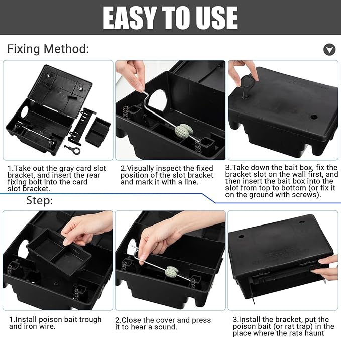 Qualirey 6 Pack Rat Bait Stations Large Rodent with Key Reusable Mouse Stations Mice Blocks Heavy Duty Boxes for Outdoor Rodents Mice Blocks, Bait Not Included, Black (8.66 x 7.5 x 3.9 Inches)