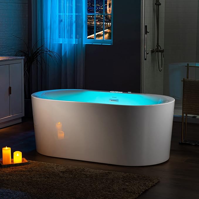 WOODBRIDGE 59" x 31-1/2" Whirlpool Water Jetted and Air Bubble Freestanding Heated Soaking Combination Bathtub with LED control panel,BJ-100